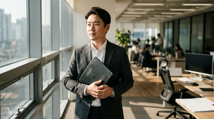 A Korean manager standing in a sunlit office holding a closed unbranded tablet.