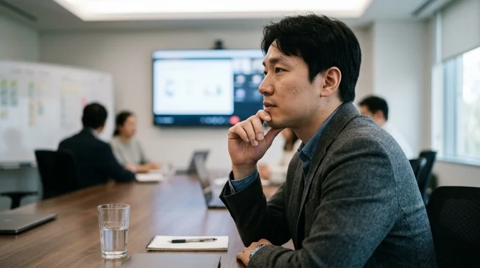 A Korean attendee tentatively touches their chin with a smudged water glass on the meeting table.