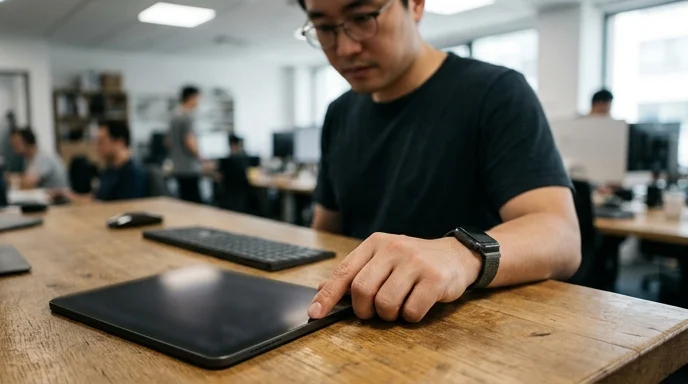 A Korean developer standing at a desk, touching the blank bezel of a tablet with an index finger.