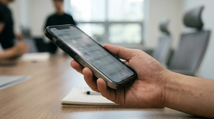 A Korean marketer's hand holding a scuffed unbranded smartphone over a meeting table.