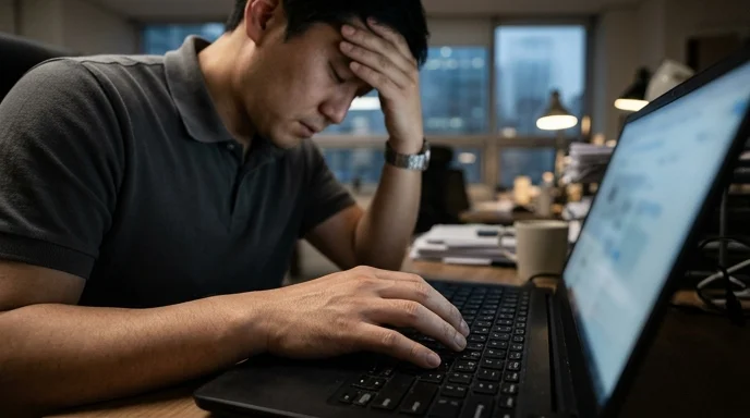 An e-commerce manager with head bowed and hands resting on a laptop keyboard.