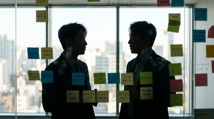 Silhouettes of two professionals standing before a glass whiteboard with blurry sticky notes.