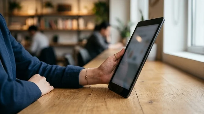 A Korean marketer's hand holding a tablet over a wooden desk.