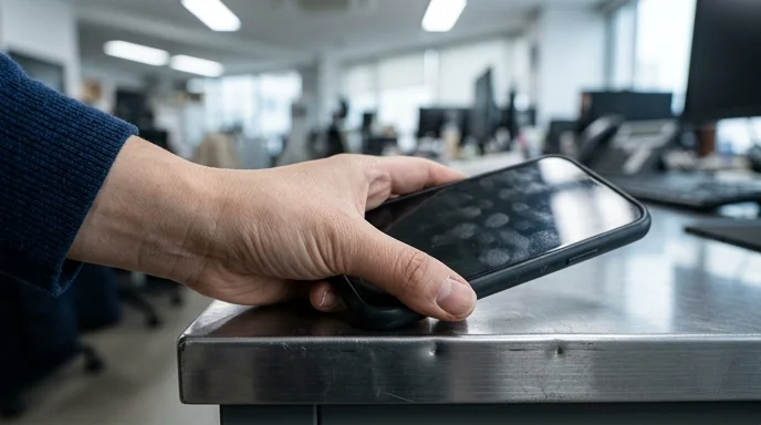 A Korean user's hand places a smudged smartphone on a dented metal desk with the screen completely blurred out.