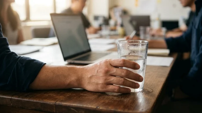 Close-up of a worker's hand holding a half-filled glass tumbler on a wooden table.
