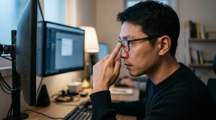 A specialist viewed from the side, pushing up his glasses while looking at a dual monitor setup.