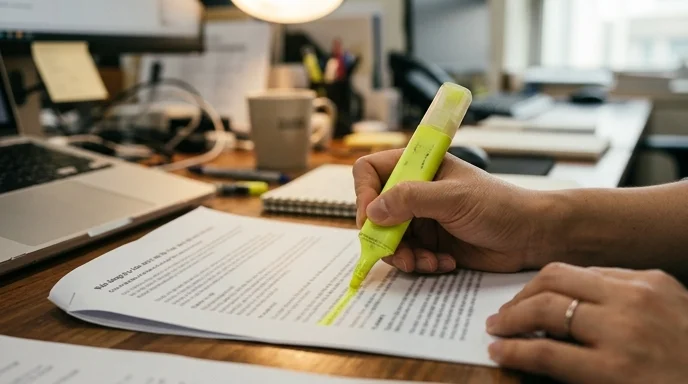 A Korean person's hand using a highlighter on a printed document over a cluttered desk.