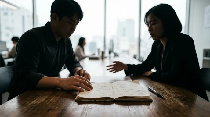 Silhouettes of two Korean marketers discussing over an open notebook across a meeting table.