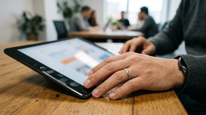 A marketer's hand resting next to a smudged tablet on a wooden meeting table.