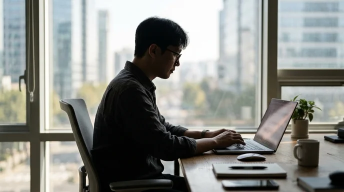 A silhouette of a Korean marketer leaning toward a laptop at a desk by a bright window.
