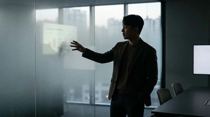 The silhouette of a person explaining something in front of a glass wall.