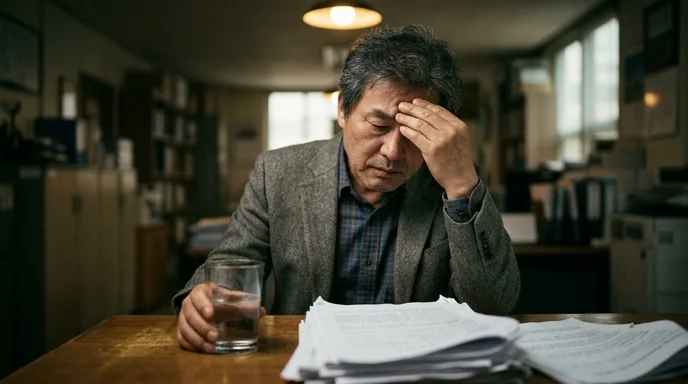 A business owner pressing his forehead while looking down at a stack of documents on his desk.