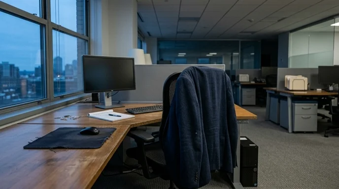 A quiet empty office desk with a rumpled fabric jacket draped over the back of a chair.