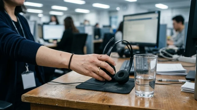 A Korean agent's hand taking off a headset to place it on an office desk.