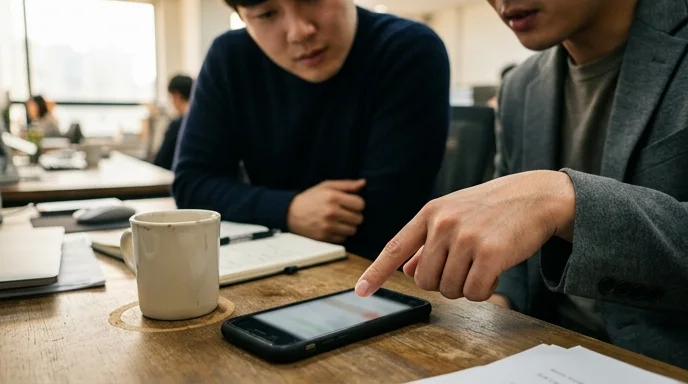 Two Korean marketers from behind discussing an unbranded smartphone on a desk.