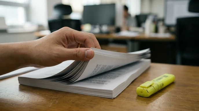 A Korean employee's hand flipping through a stack of paper documents.