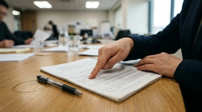 Two hands of a Korean planner pointing at a printed report with handwritten marks on a desk.