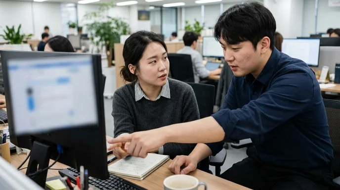 Two coworkers looking at a monitor and discussing, viewed from over the shoulder.