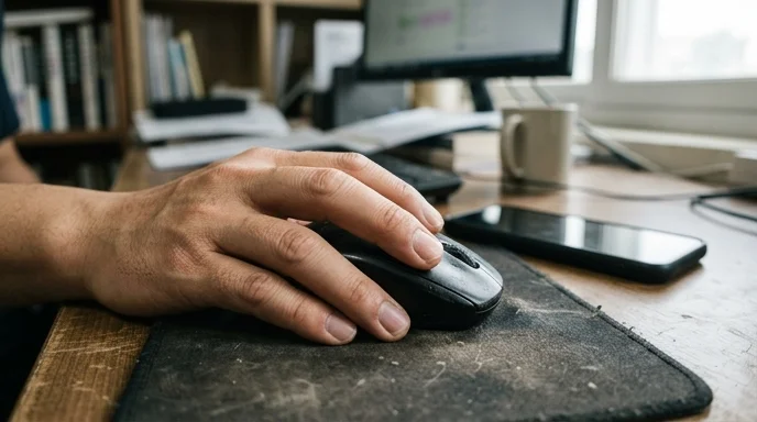 A Korean marketer's hand holding a well-worn wireless mouse on a dusty mouse pad near an out-of-focus smartphone.