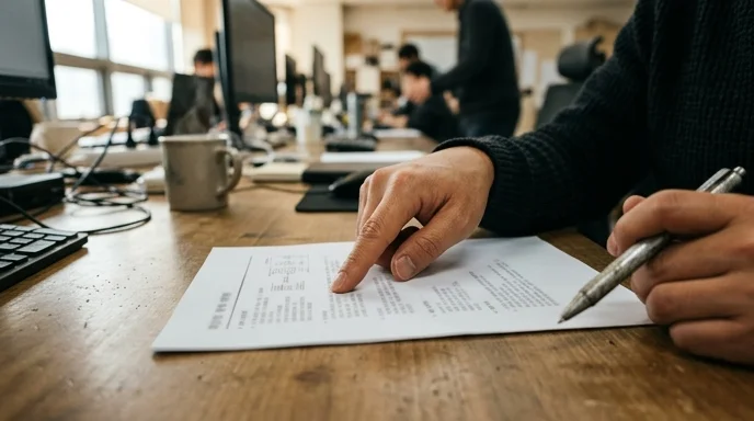 A developer's hand pointing at a document on a desk.
