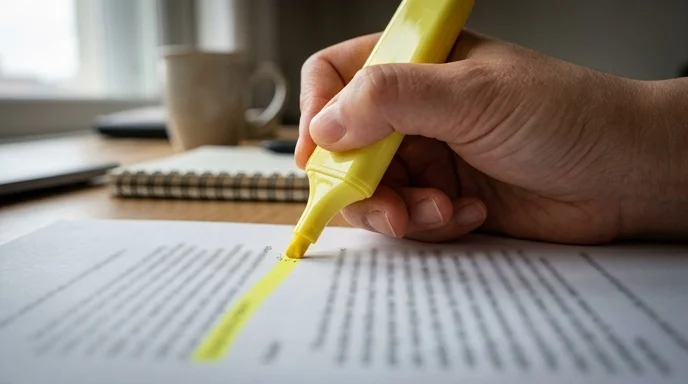 A Korean editor's hand using a yellow highlighter on the top section of a printed document.