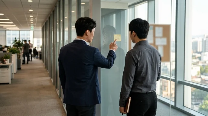 Two Korean office workers discussing a faded sticky note on a glass wall in an indoor corridor.