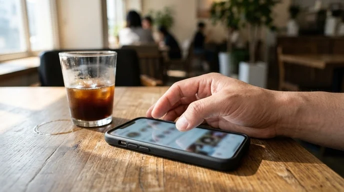 A Korean creator's hand scrolling on a smartphone next to a coffee glass.