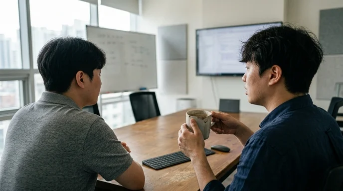Two Korean developers seen from behind discussing in a meeting room, one holding a chipped coffee mug.