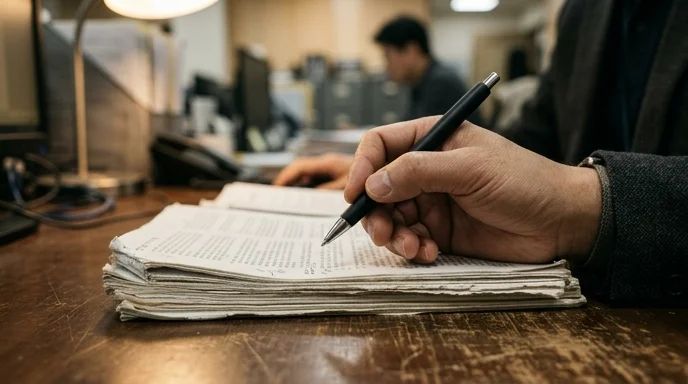 A Korean agent's hand holding a pen over a stack of frayed reference documents.