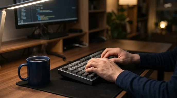 Two hands of a Korean developer typing on a mechanical keyboard next to a coffee mug.