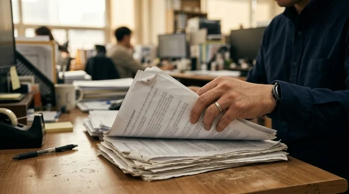 A Korean employee's hand sorting through printed documents on a desk.
