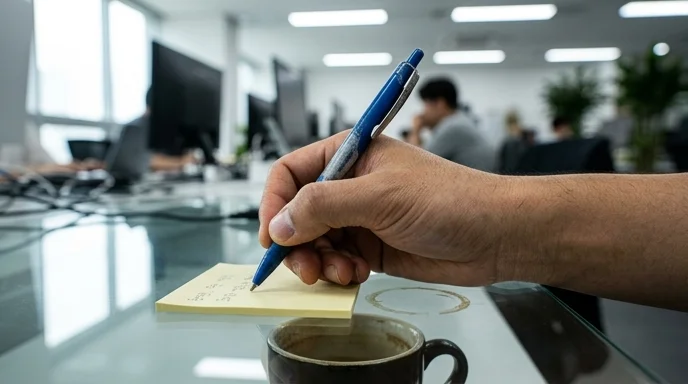A Korean marketer's hand holding a pen over a sticky note next to a coffee ring.
