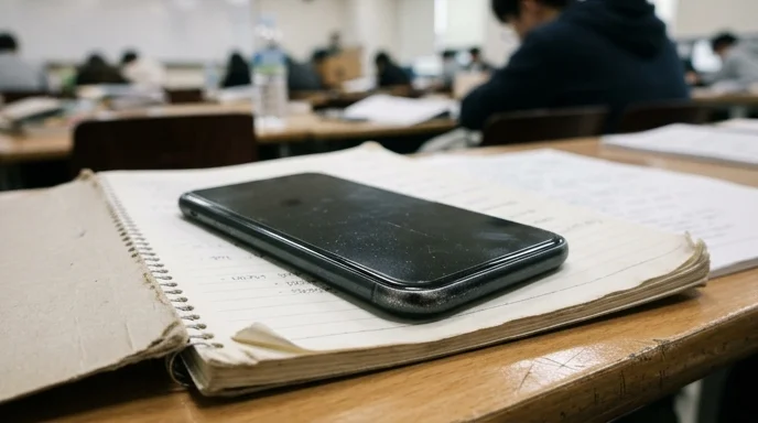 A smartphone with dust specks lying on an open paper notebook on a desk, with all contents out of focus.