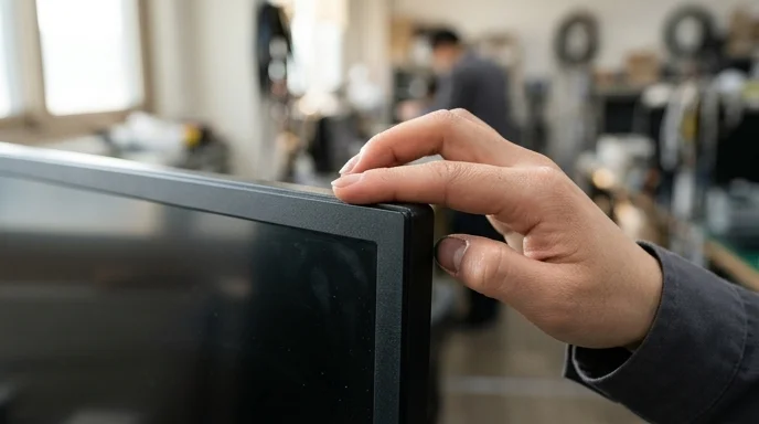 A Korean technician's fingers touching a matte black large display panel with faint fingerprints and dust on the edge.