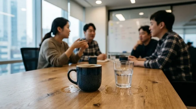 A half-empty coffee cup and a glass tumbler with water rings on a meeting room table.