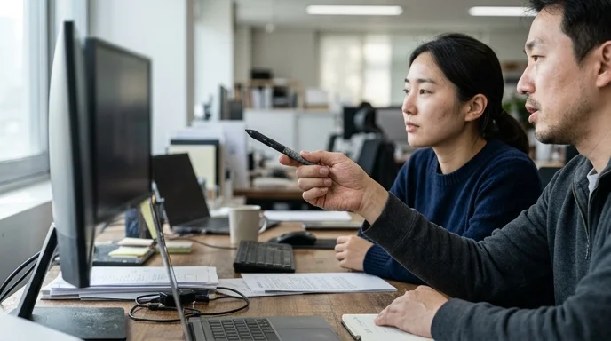 Two Korean team members discussing at a desk, one gesturing with a stylus towards a monitor.