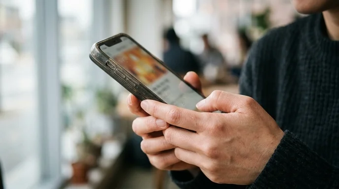 A Korean professional's hands holding a scuffed smartphone with an out-of-focus screen.