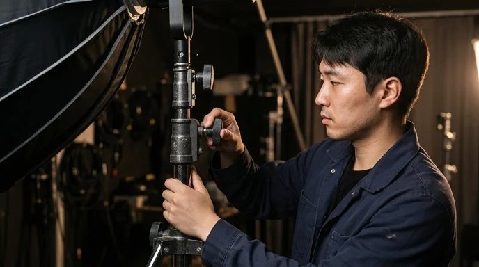 Inside a studio, a Korean male technician adjusts a metal lighting stand.