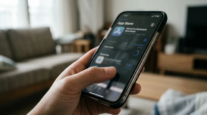 A user's hand holding a generic smartphone to download an application in a living room.