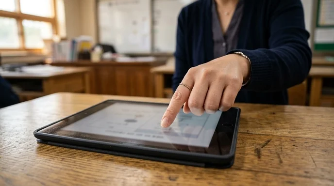 Close-up of a Korean teacher's hand pointing at a tablet on a wooden desk with the screen out of focus.