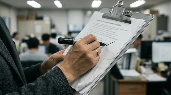 A Korean consultant's hand marking an out-of-focus guideline sheet on a scratched metal clipboard.
