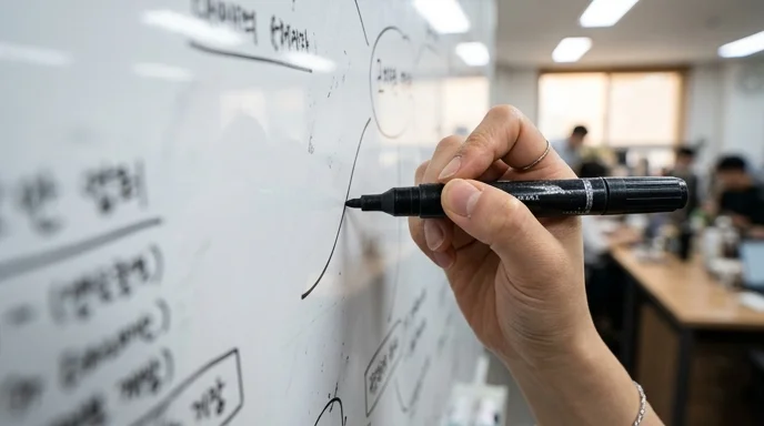 A Korean blogger's hand draws a blurred mind map on a whiteboard with a scratched marker.