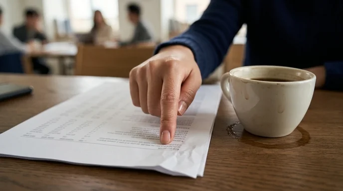 A Korean woman's finger taps a blurred printed report next to a half-empty coffee cup on a meeting table.