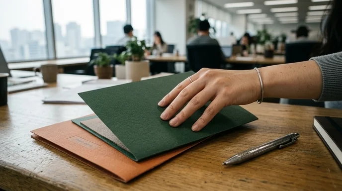 A Korean marketer's hand arranging textured cardboard folders on a desk.