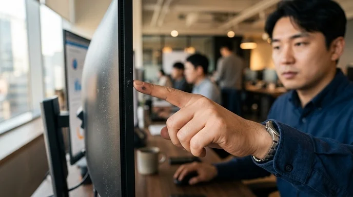 An analyst's hand pointing toward a monitor screen in an office.