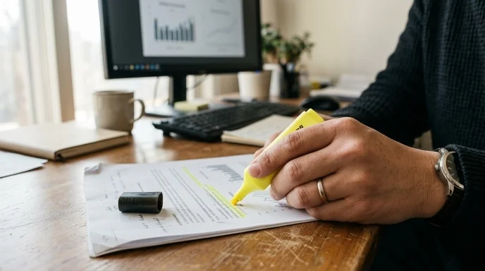 A Korean analyst's hand highlighting the edge of a printed report with a yellow marker on a desk.