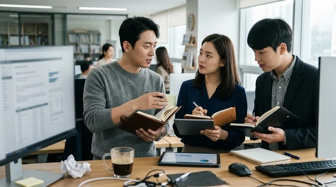 Three Korean colleagues gathered around a desk discussing with notebooks and a tablet.