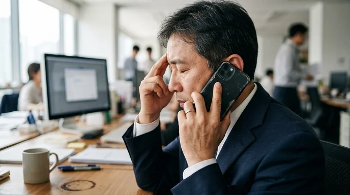 A Korean manager pressing his temple while holding a smartphone in an office, viewed from the side.