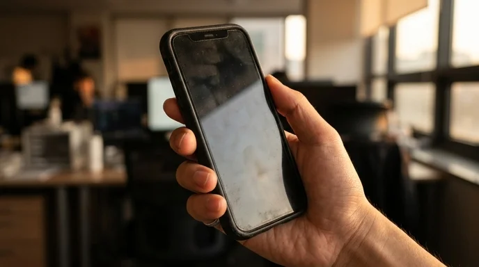 A close-up of a Korean user's hand holding a smartphone in a protective case inside an office.