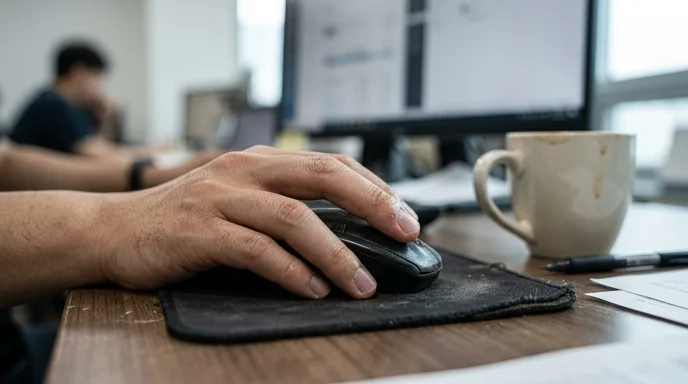 A Korean employee's hand scrolling a dusty mouse on a worn mouse pad with a half-finished coffee cup nearby.
